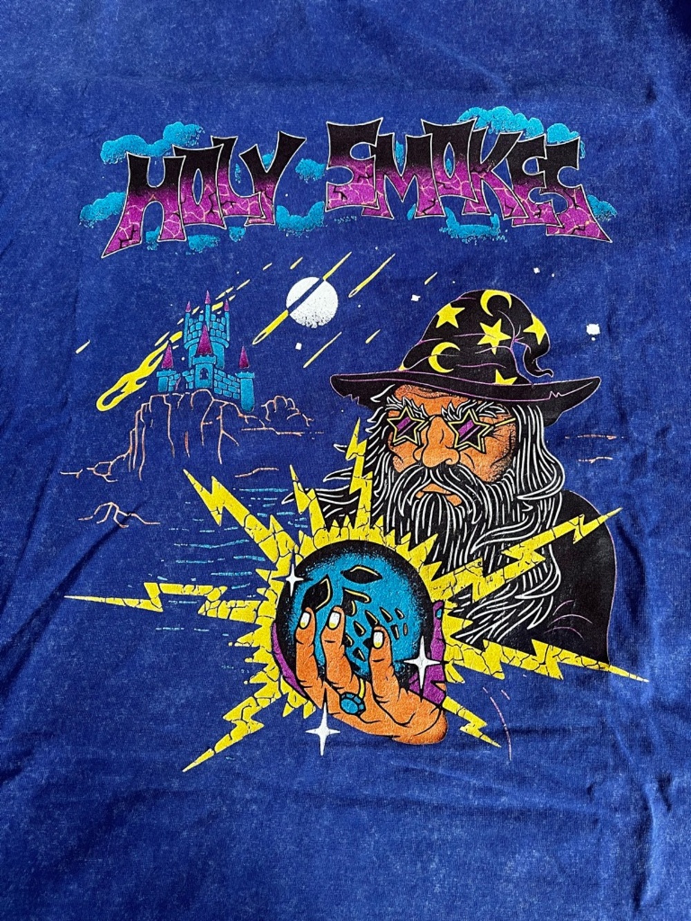 Holy Smokes Wizard Graphic Tee - mineral wash blue XL boxy fit